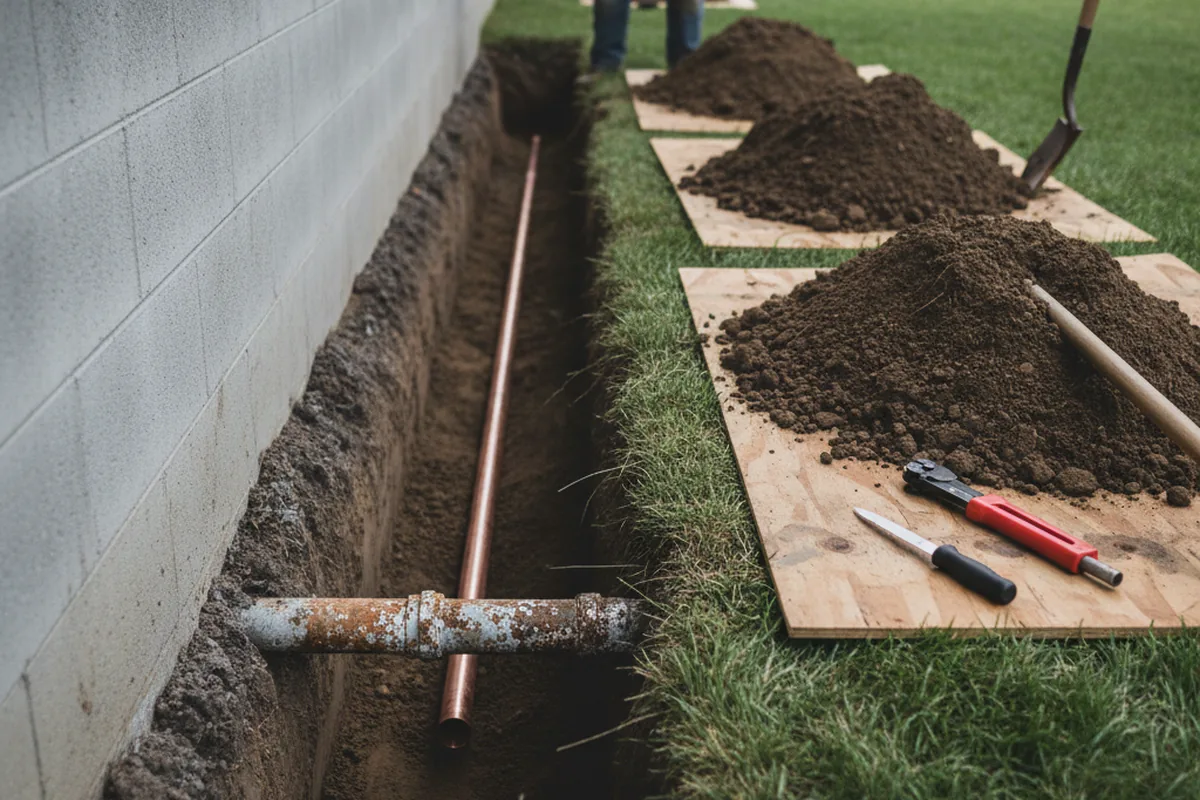 Excavated water line trench during Water Softener Installation in Mount Hermon